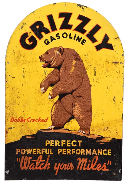 GRIZZLY GASOLINE TIN TOMBSTONE SIGN W/ GRIZZLY BEAR GRAPHIC.