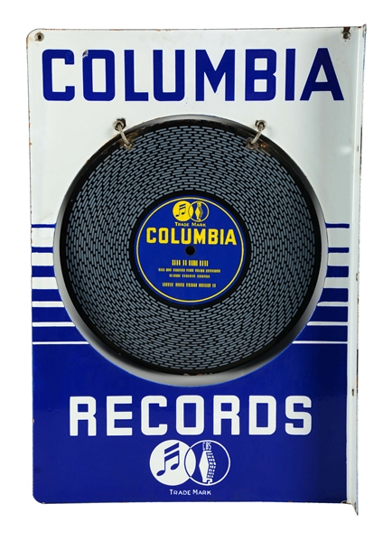 COLUMBIA RECORDS PORCELAIN FLANGE SIGN W/ DIE-CUT RECORD INSERT.