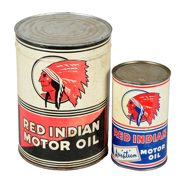 LOT OF 2: RED INDIAN FIVE QUART & IMPERIAL QUART MOTOR OIL CANS.