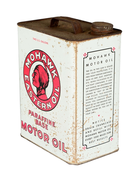 MOHAWK EASTERN OIL TWO GALLON METAL OIL CAN W/ MOHAWK INDIAN GRAPHIC.