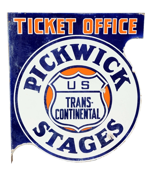 PICKWICK STAGES US TRANS CONTINENTAL TICKET OFFICE PORCELAIN FLANGE SIGN.