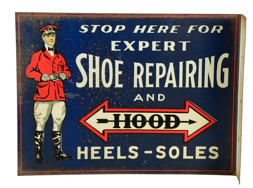 HOOD RUBBER CO. SHOE REPAIRING W/ FLAG MAN GRAPHIC TIN FLANGE SIGN.