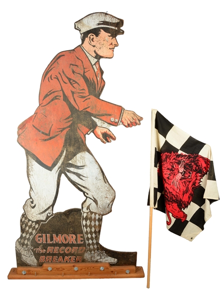 GILMORE GASOLINE DIE-CUT WOODEN FLAGMAN W/ ORIGINAL GILMORE CHECKERED FLAG. 