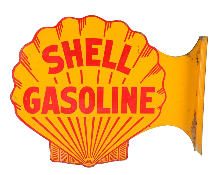 SHELL GASOLINE CLAM SHELL SHAPED TIN FLANGE SIGN.