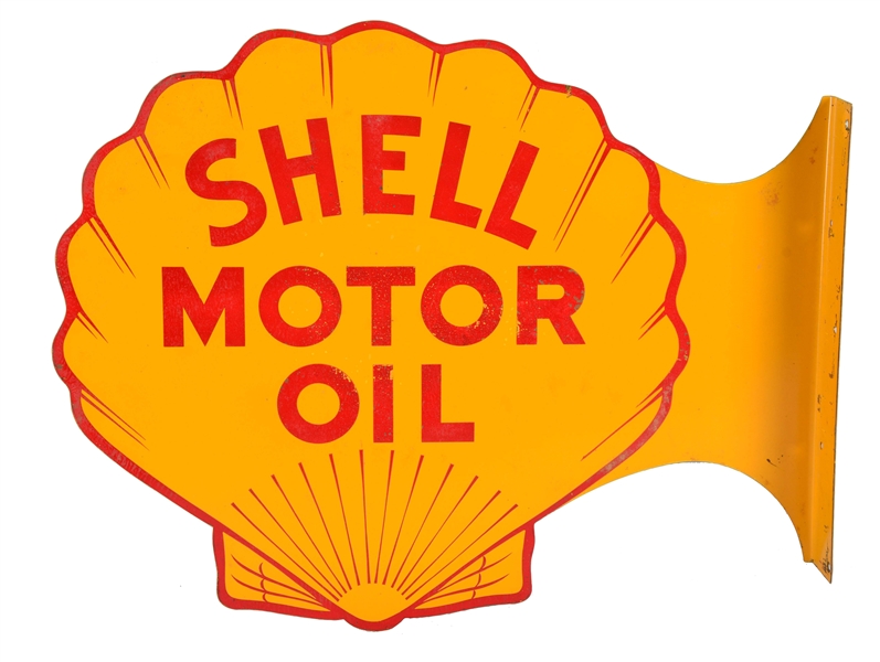 SHELL MOTOR OIL CLAM SHAPED TIN FLANGE SIGN.