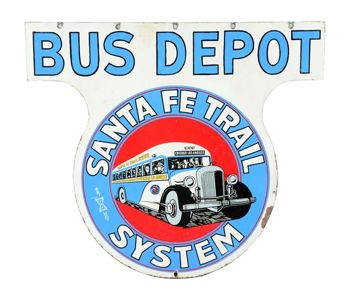 SANTA FE TRAIL SYSTEM BUS DEPOT PORCELAIN SIGN W/ BUS GRAPHICS.