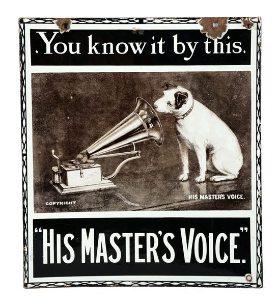 COLUMBIA HIS MASTER VOICE PORCELAIN SIGN W/ DOG GRAPHIC.