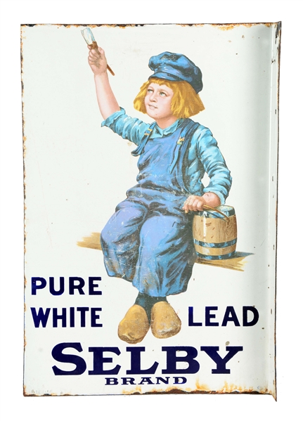 SELBY BRAND PURE WHITE LEAD PAINT PORCELAIN FLANGE SIGN.