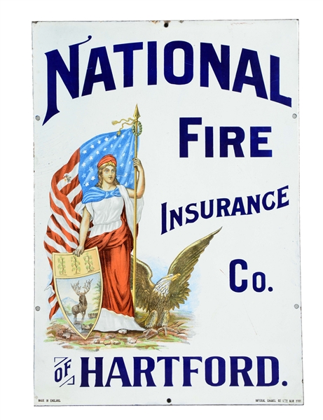 NATIONAL FIRE INSURANCE CO. OF HARTFORD PORCELAIN SIGN.