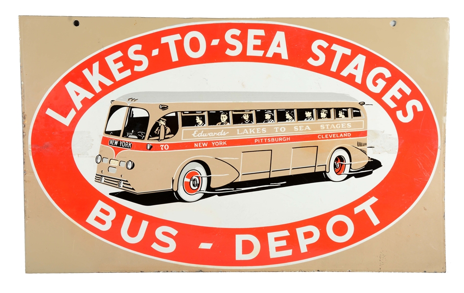 RESTORED LAKES-TO-SEA STAGES BUS DEPOT PORCELAIN SIGN W/ BUS GRAPHIC.