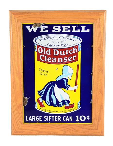 WE SELL OLD DUTCH CLEANSER W/ GRAPHIC PORCELAIN COUNTRY STORE SIGN. 