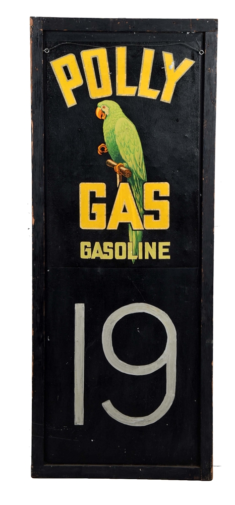 VERY RARE POLLY GASOLINE TIN PRICER BOARD W/ POLLY PARROT GRAPHIC.