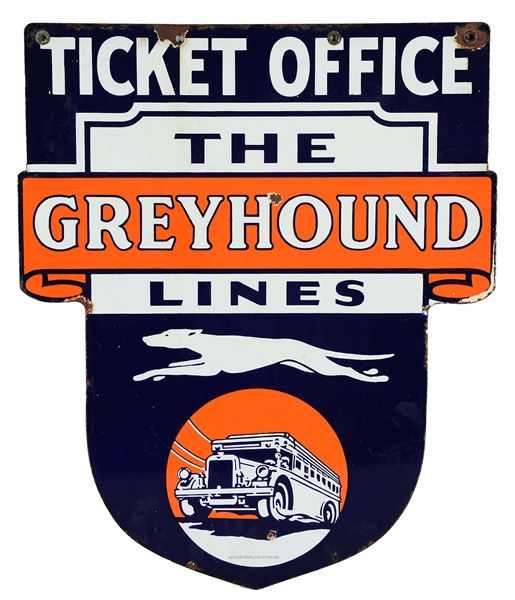GREYHOUND LINES TICKET OFFICE PORCELAIN DIECUT SIGN W/ GREYHOUND & BUS GRAPHICS.
