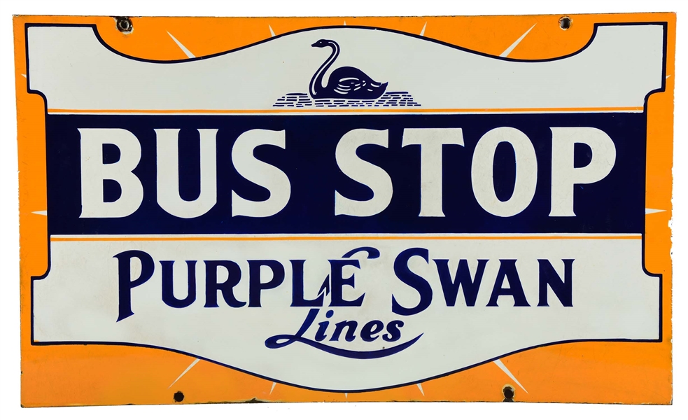 RESTORED PURPLE SWAN BUS LINES W/ SWAN GRAPHIC PORCELAIN SIGN.