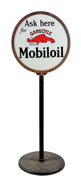 MOBILOIL ASK HERE FOR GARGOYLE MOBILOIL PORCELAIN LOLLIPOP SIGN.