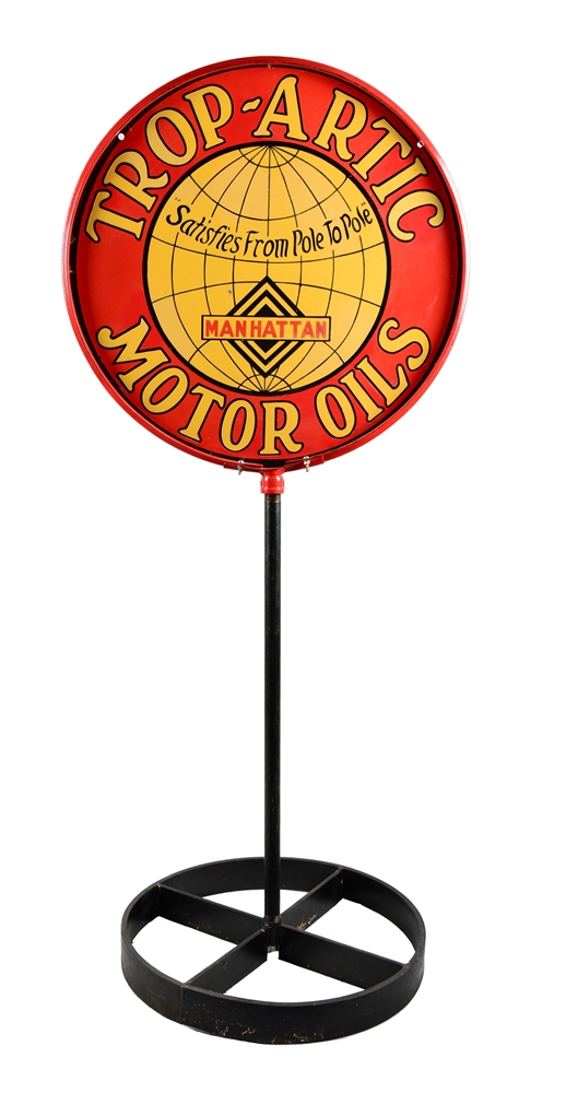 TROP-ARTIC MOTOR OILS MANHATTAN GASOLINE PORCELAIN LOLLIPOP SIGN.