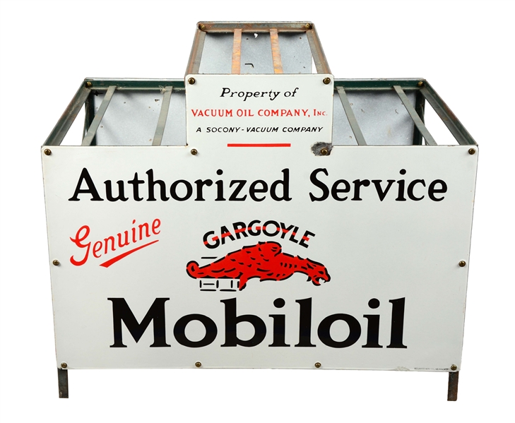 GENUINE GARGOYLE MOBILOIL AUTHORIZED SERVICE OIL BOTTLE RACK W/ TWO PORCELAIN SIGNS.