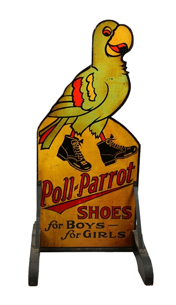 POLL-PARROT SHOES WOODEN DIE-CUT SIDEWALK STAND SIGN.