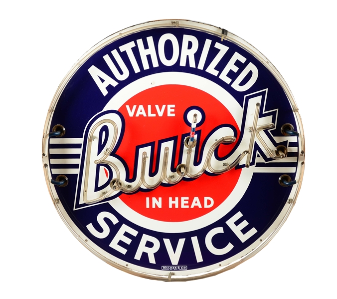 BUICK VALVE IN HEAD AUTHORIZED SERVICE SINGLE SIDED PORCELAIN NEON SIGN.