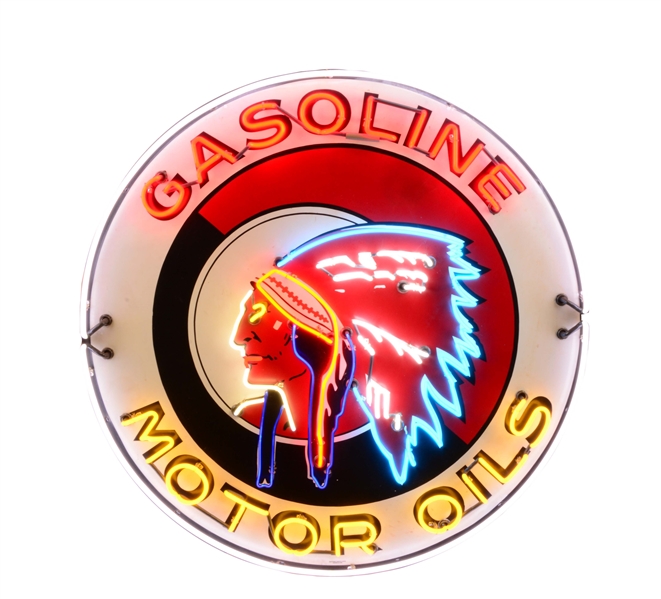RED INDIAN GASOLINE & MOTOR OILS PORCELAIN SIGN W/ADDED NEON.