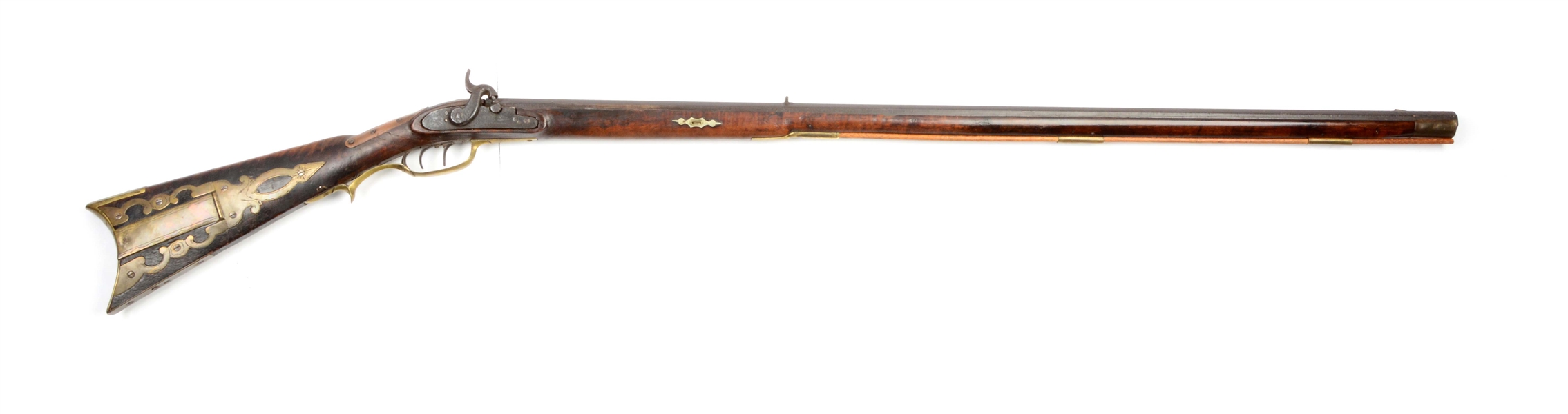 (A) FULL-STOCK PERCUSSION KENTUCKY RIFLE SIGNED W. HAWKEN.