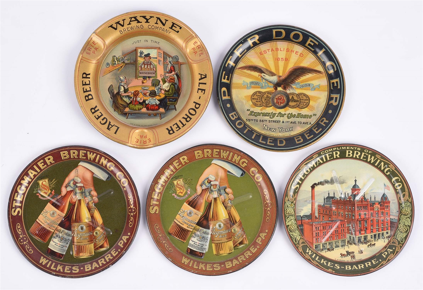 LOT OF 5: BREWERY ADVERTISING TIP TRAYS. 
