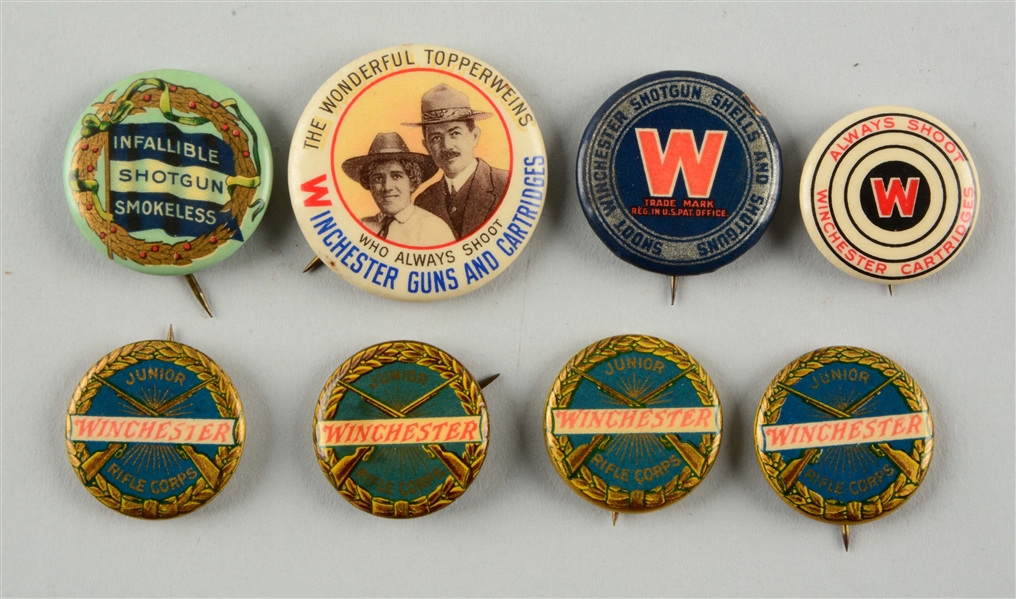 LOT OF 8: FIREARMS ADVERTISING PINS. 