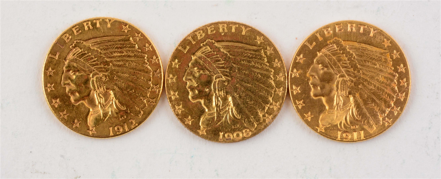 LOT OF 3: $2-1/2 GOLD INDIAN HEAD COINS.  