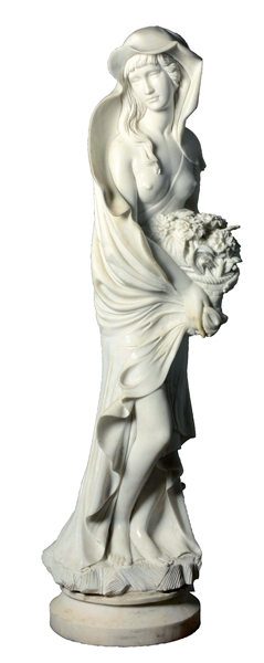 MARBLE STATUE OF HOODED WOMAN WITH FLOWERS. 