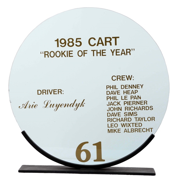 1985 CART ROOKIE OF THE YEAR GLASS TROPHY FOR ARIE LUYENDYK.