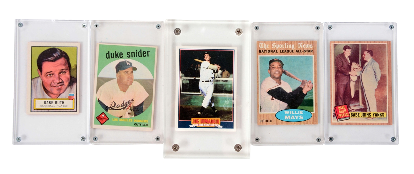 LOT OF 5: 1952-1992 CARD COLLECTION INCLUDING RUTH & DIMAGGIO.