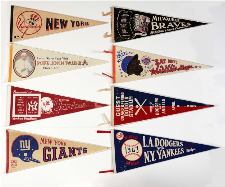 LOT OF 7:  SPORTS AND RELIGIOUS PENNANTS.