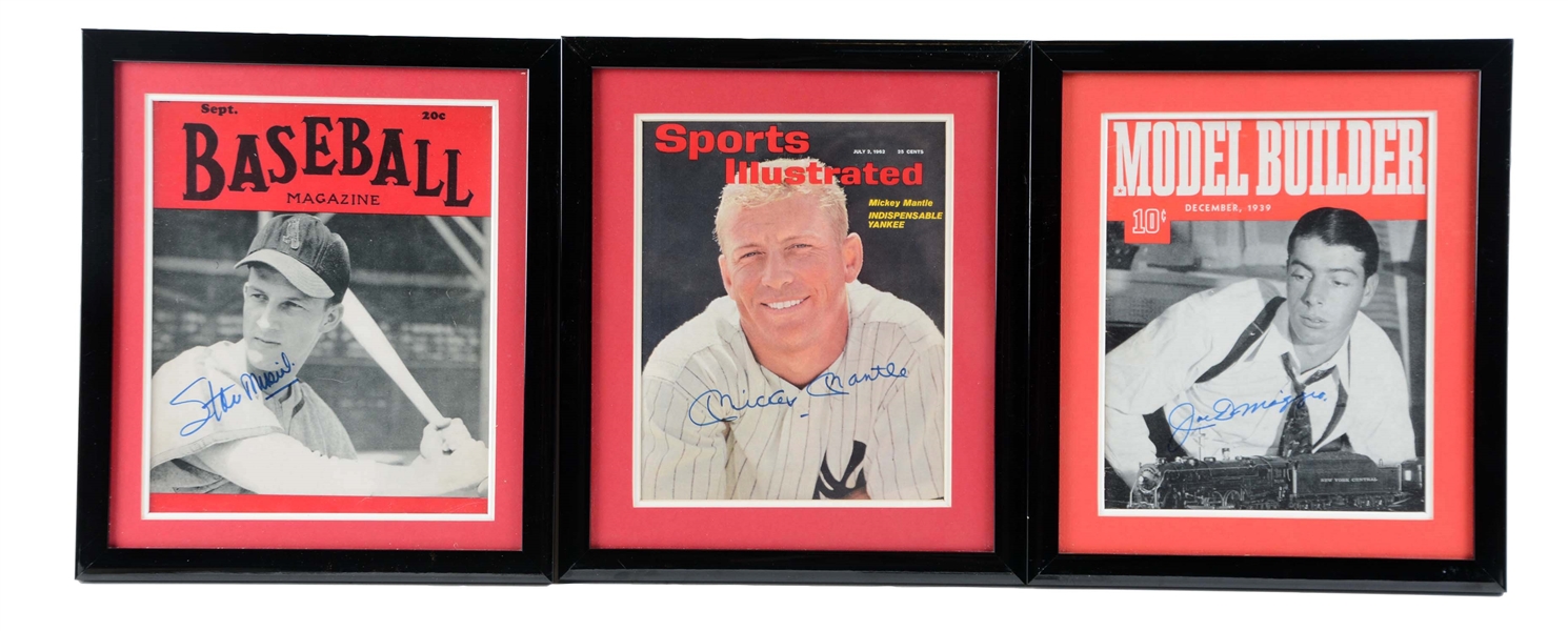 LOT OF 3: MICKEY MANTLE, JOE DIMAGGIO, & STAN MUSIAL SIGNED MAGAZINES.