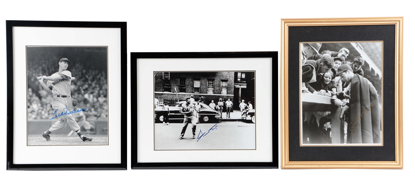 LOT OF 3: TED WILLIAMS, WILLIE MAYS, & JOE DIMAGGIO SIGNED PHOTOS.