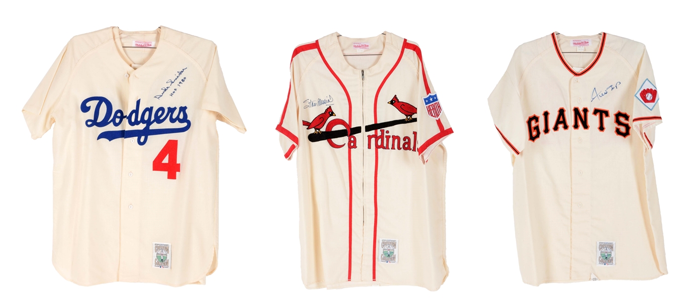 LOT OF 4: MAYS, MUSIAL & SNIDER SIGNED MITCHELL & NESS REPLICA JERSEYS.