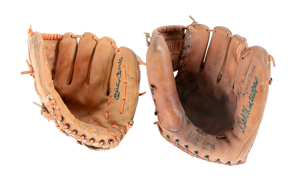 LOT OF 2: MICKEY MANTLE & TED WILLIAMS SIGNED BASEBALL GLOVES.