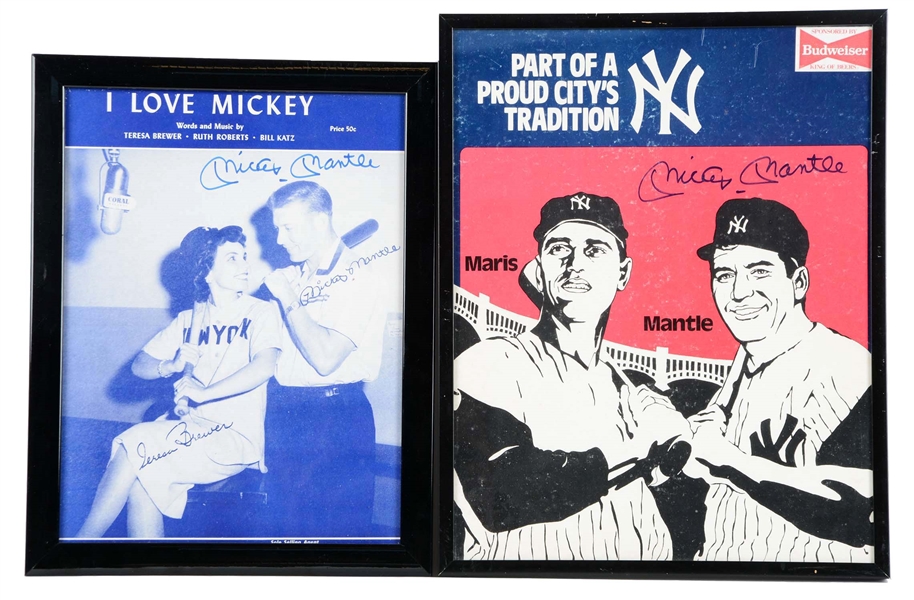 LOT OF 2: MICKEY MANTLE SIGNED BUDWEISER SIGN & SHEET MUSIC. 