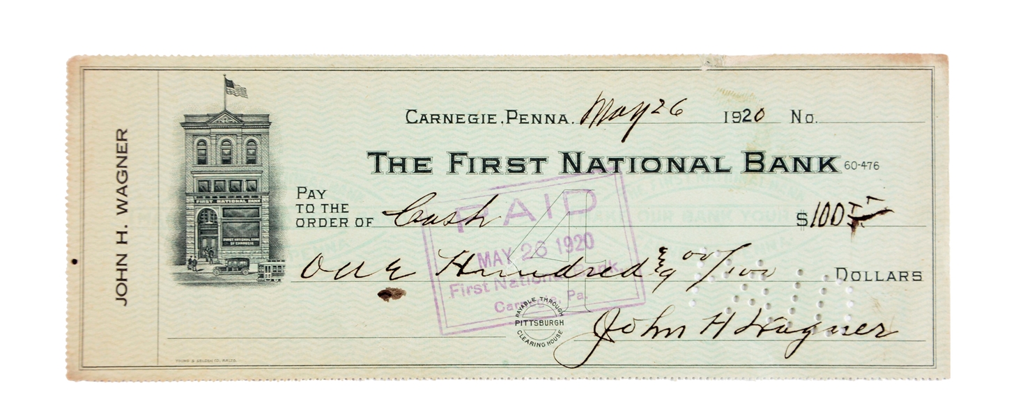 HONUS WAGNER SIGNED PERSONAL CHECK.