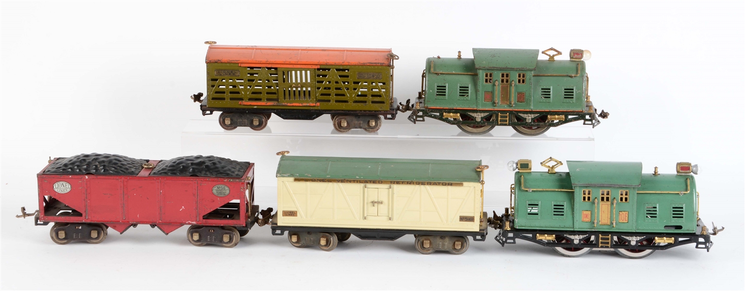 LOT OF 5: LIONEL NO. 10 LOCOMOTIVES & FREIGHT CARS.  