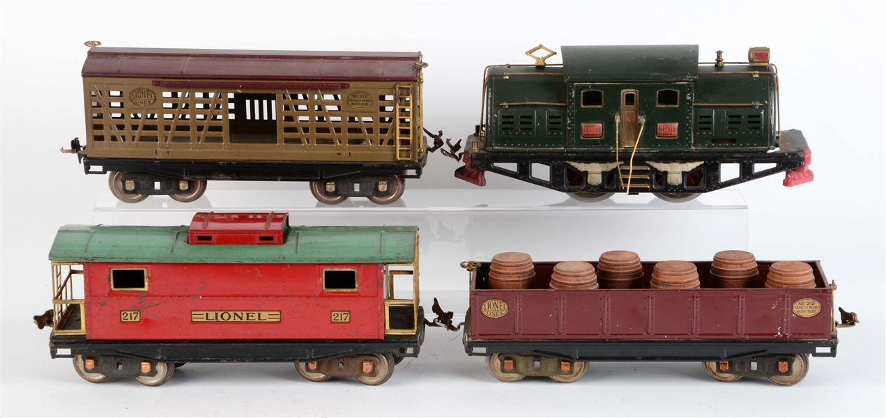 LOT OF 7: NO. 380 LOCOMOTIVE & FREIGHT CARS.
