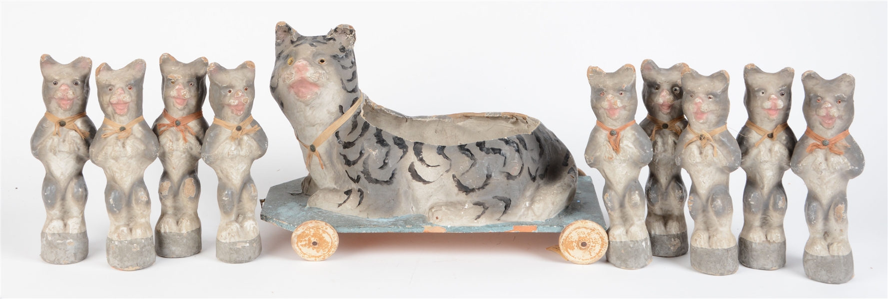 SCARCE FRENCH PAPER MACHE CAT NINE PINS SCITTAL SET.