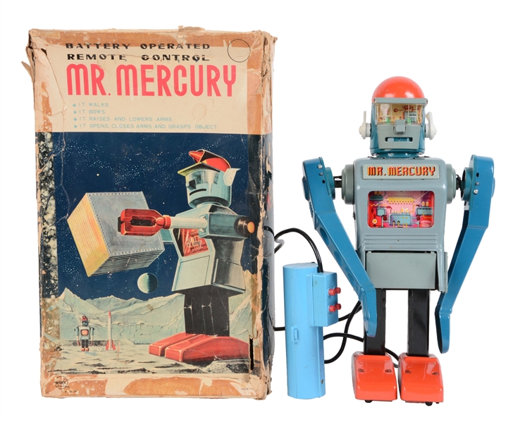 JAPANESE TIN LITHO BATTERY OPERATED MR. MERCURY ROBOT.