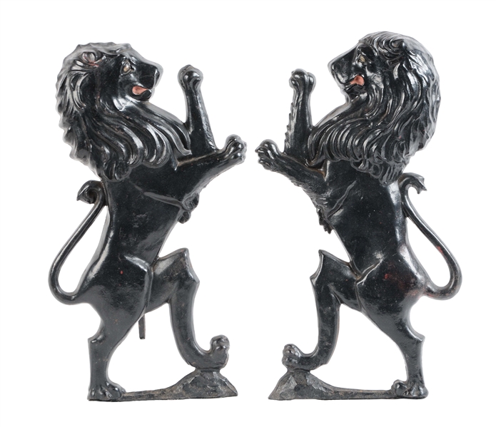 LOT OF 2: CAST IRON BOXING LIONS ANDIRONS.