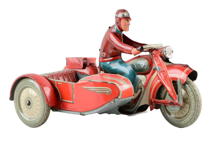 GERMAN TIN LITHO TIPPCO WIND UP MOTORCYCLE & SIDE CAR TOY.