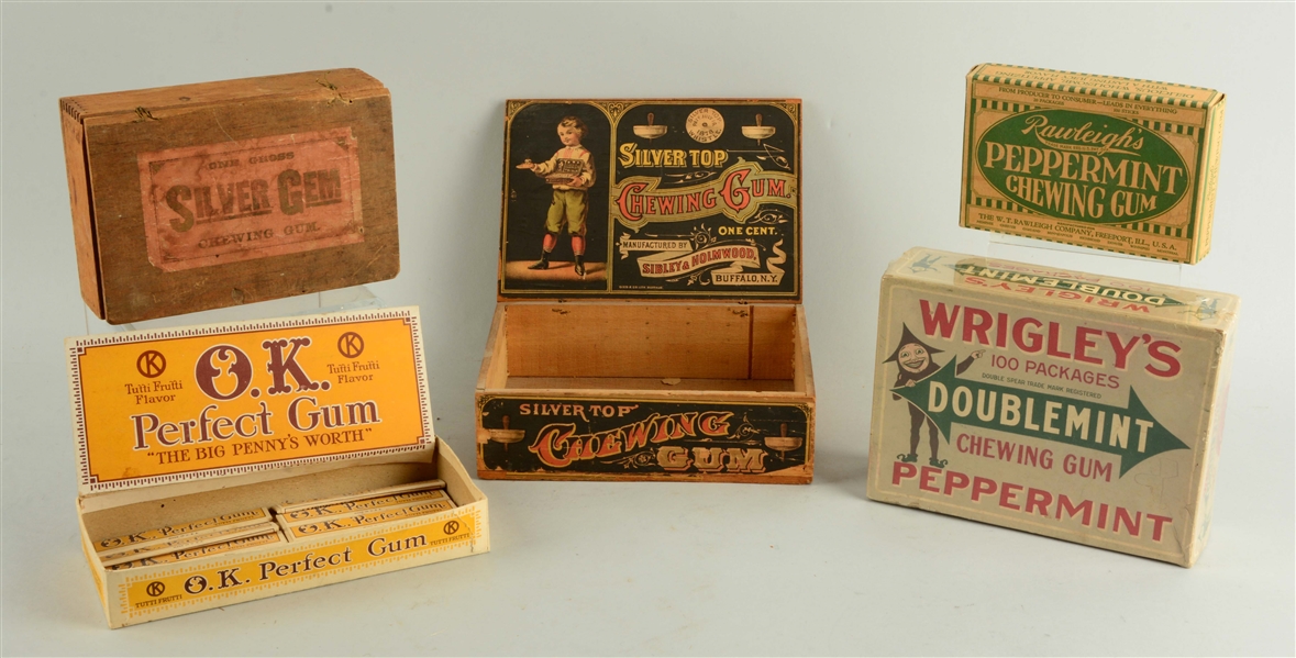 LOT OF 5: ASSORTED CHEWING GUM BOXES. 