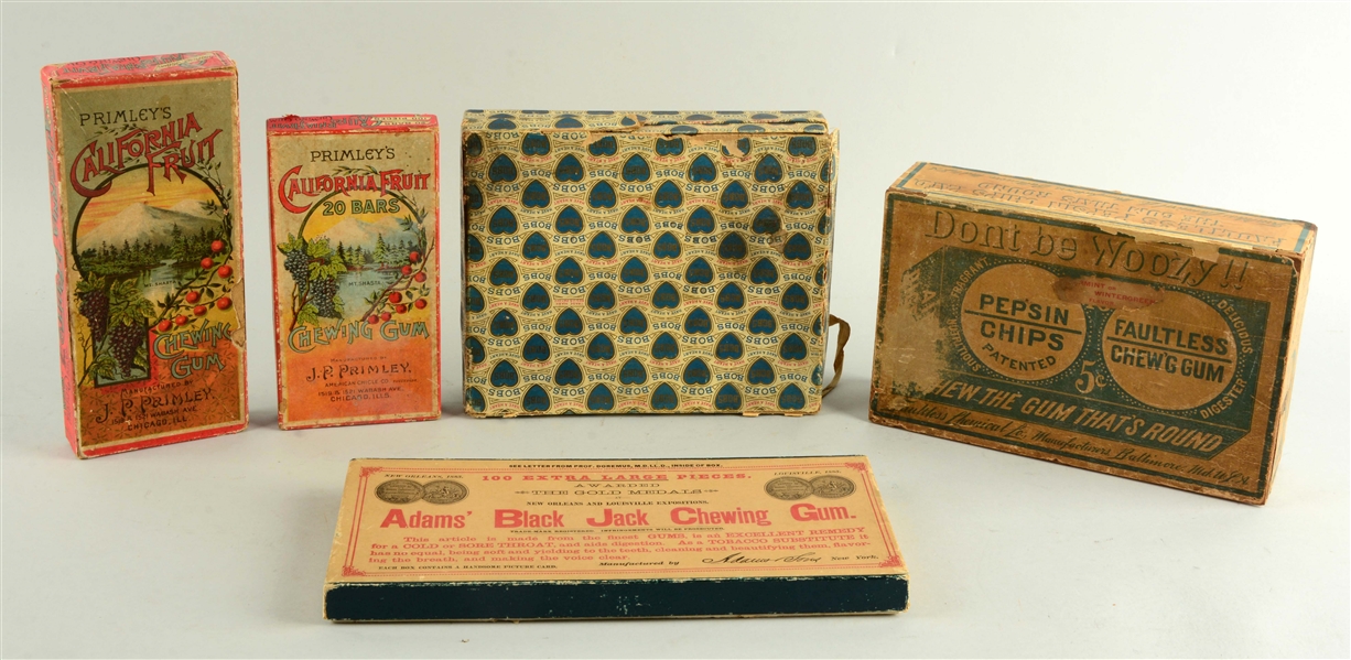 LOT OF 5: ASSORTED CHEWING GUM & FRUIT BOXES.