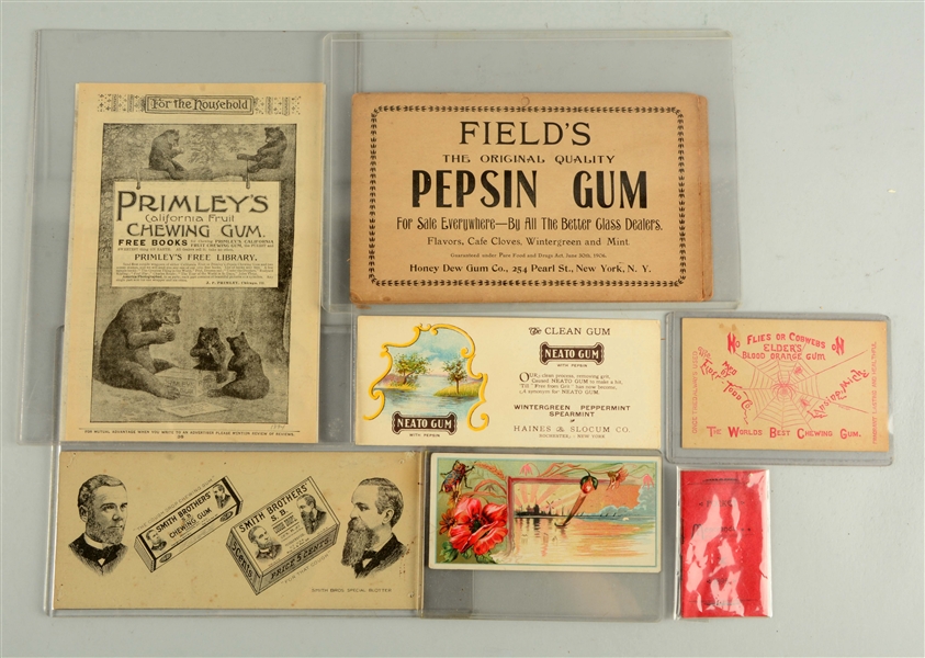 LOT OF 7: EARLY GUM ADVERTISING LABELS & PRINTS. 