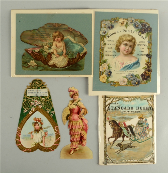 LOT OF 5: EARLY CHEWING GUM ADVERTISEMENT SIGNS.