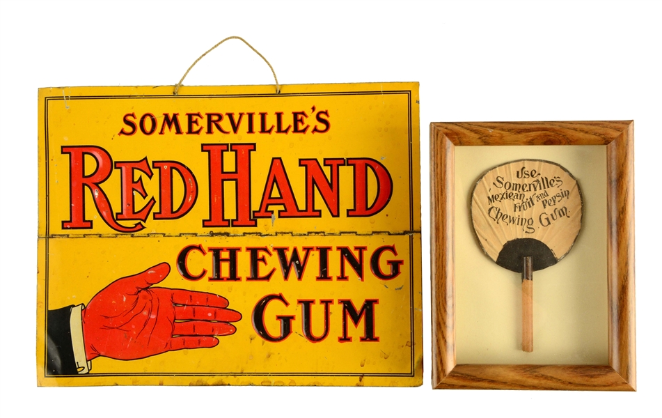 LOT OF 2: RED HAND CHEWING GUM TIN SIGN & ADVERTISING FAN. 