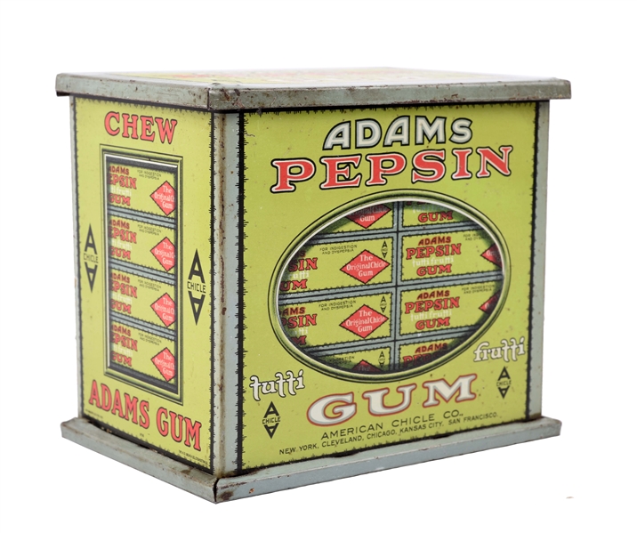 ADAMS CHEWING GUM TIN WITH LABELS AND GUM STICKS. 